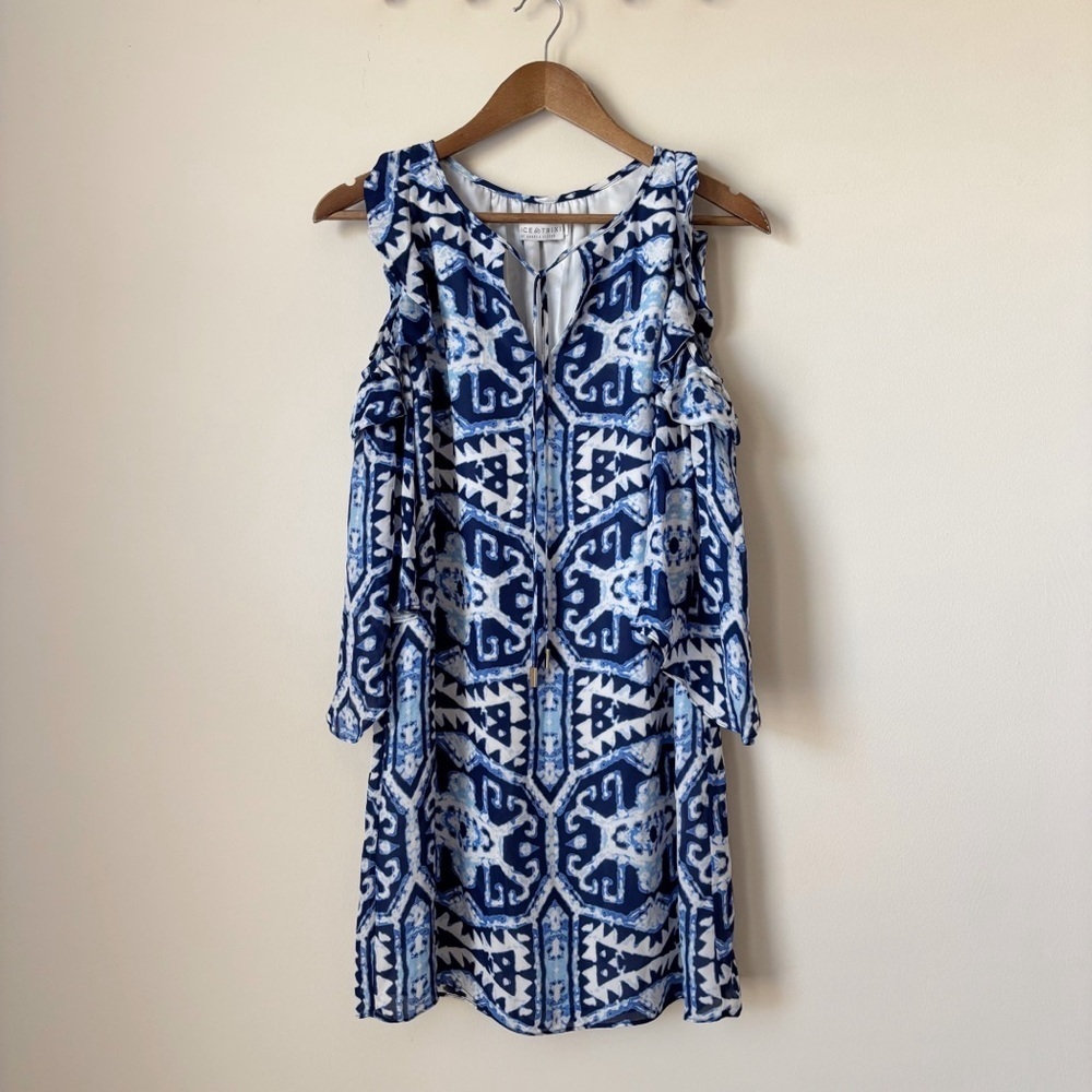 Alice & Trixie Blue Ikat Print Open Shoulder Silk Dress XS